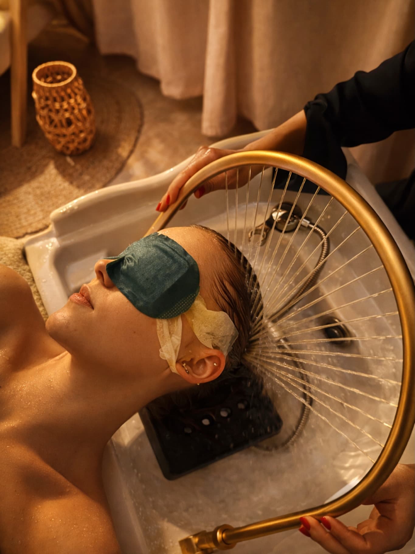 Head Spa japonais à Thionville : eau cascadant de la douche dorée sur les cheveux, masque sur les yeux